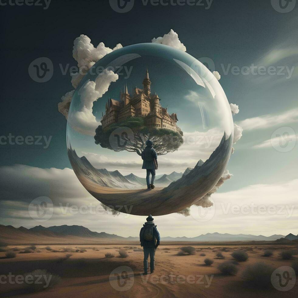 AI generated Fantasy landscape with a man standing on a sphere and looking at the castle. generative ai photo