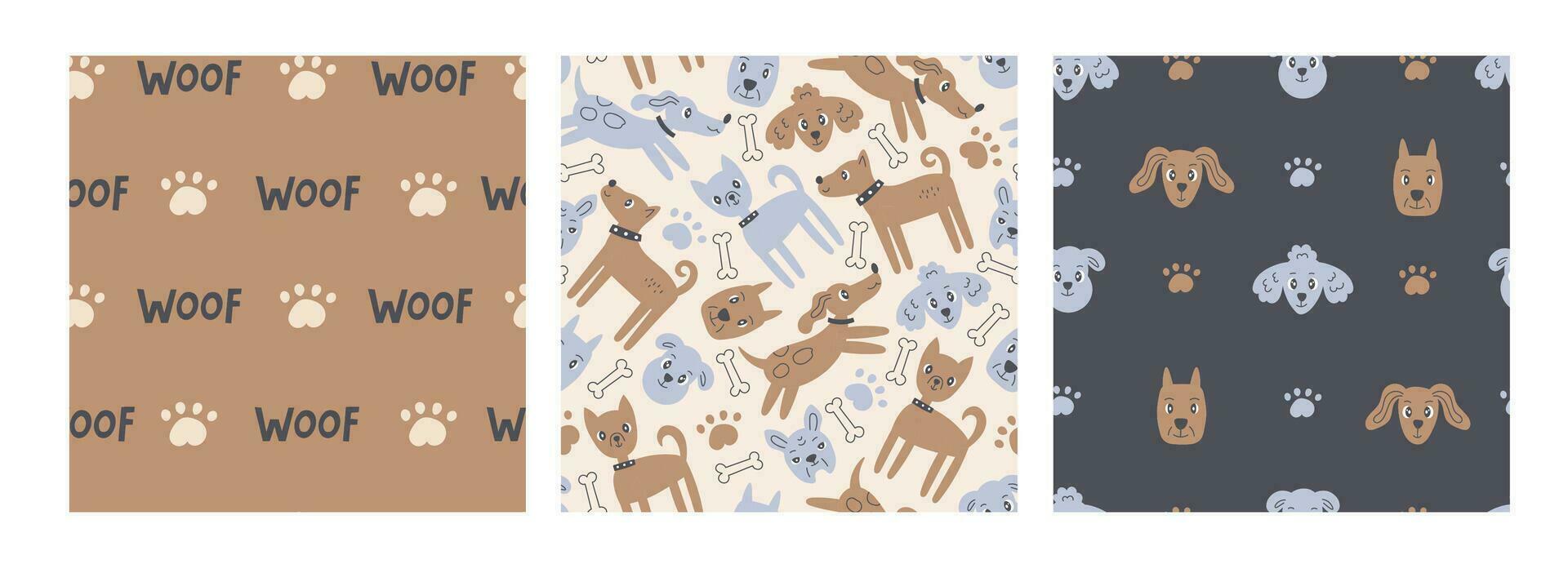 Modern dog seamless patterns set for pets vector