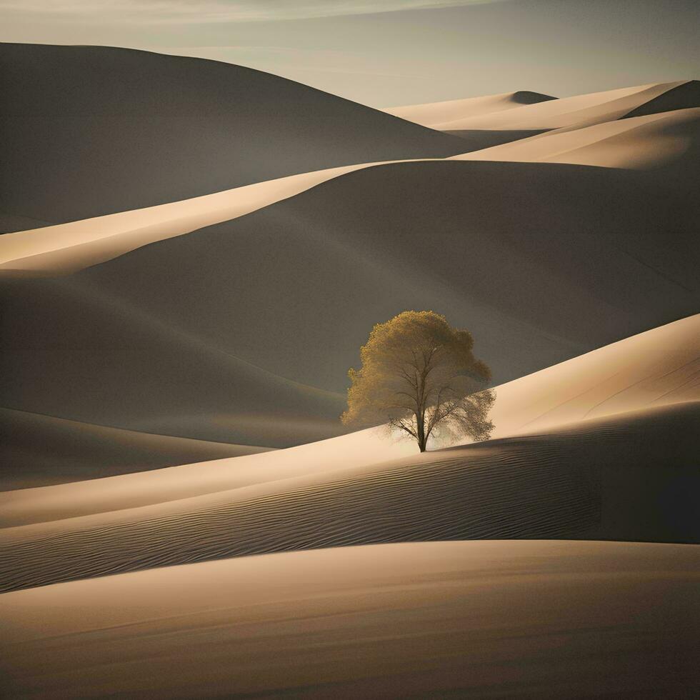 AI generated Lonely tree in the sand dunes of the desert. generative ai photo