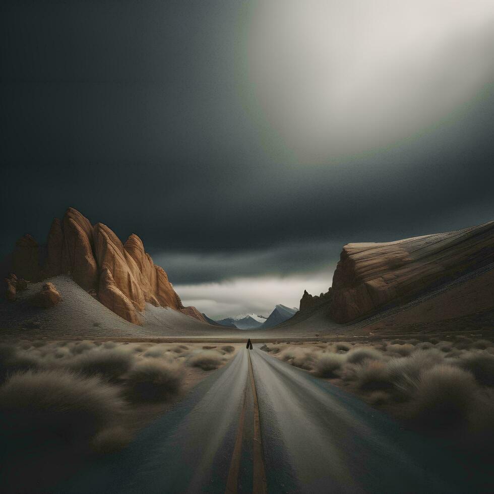 AI generated Road in the desert with stormy sky. generative ai photo