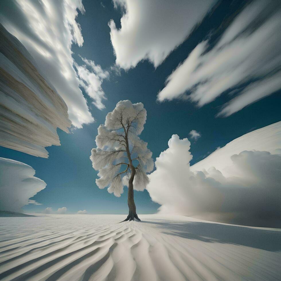 AI generated Winter landscape with a lonely tree in the desert. generative ai photo