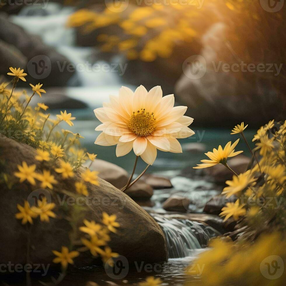 AI generated Beautiful yellow flower on the background of a mountain stream. Soft focus. generative ai photo