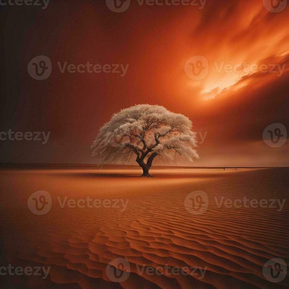 ai generado árbol en el Desierto a puesta de sol. generativo ai foto