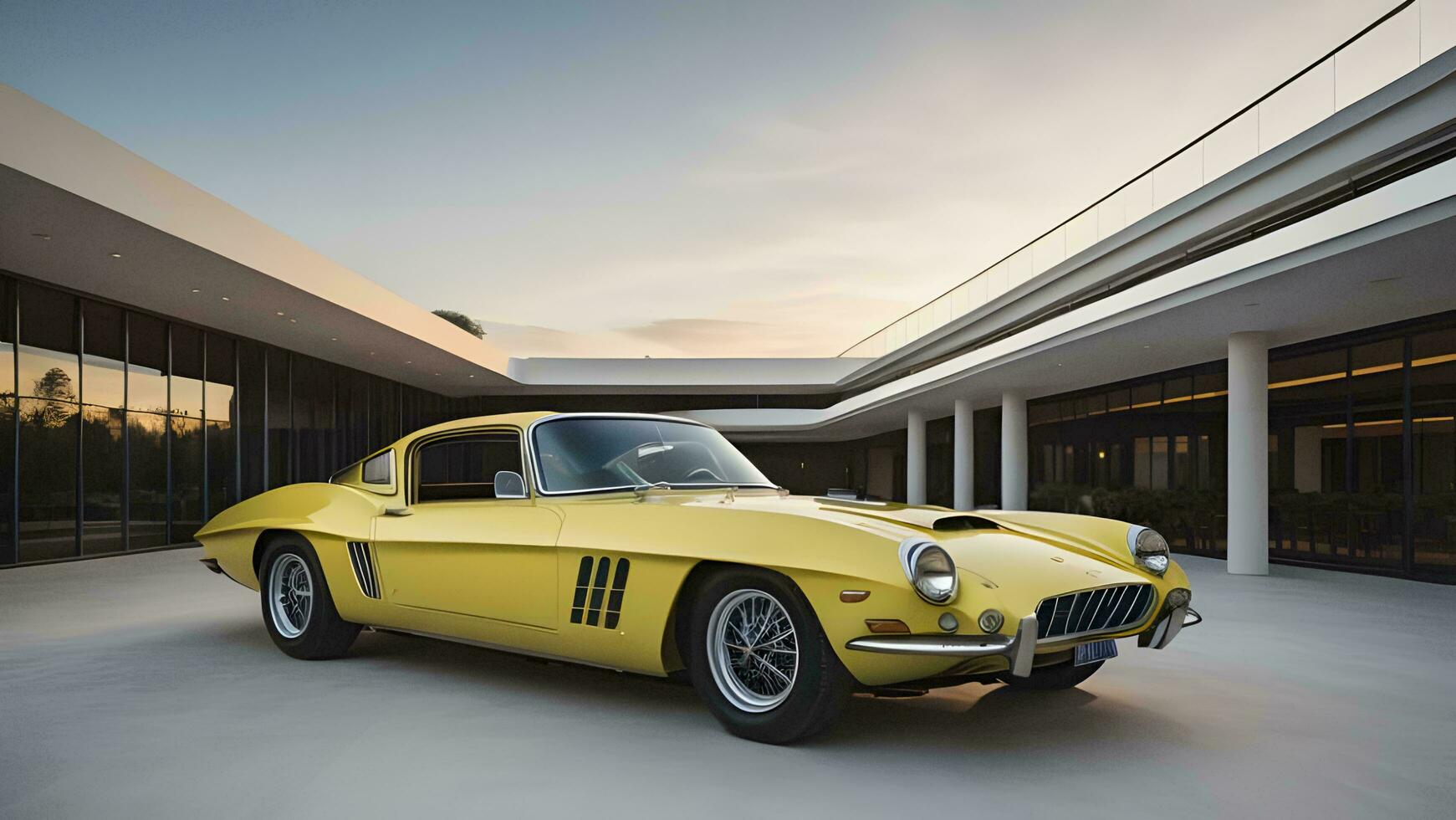 AI generated Yellow vintage car in front of a modern building. generative ai photo