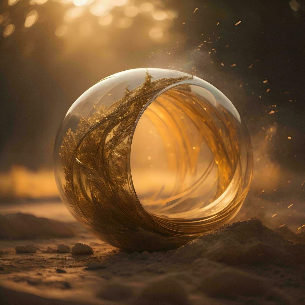 AI generated Crystal ball in the snow at sunset. generative ai photo