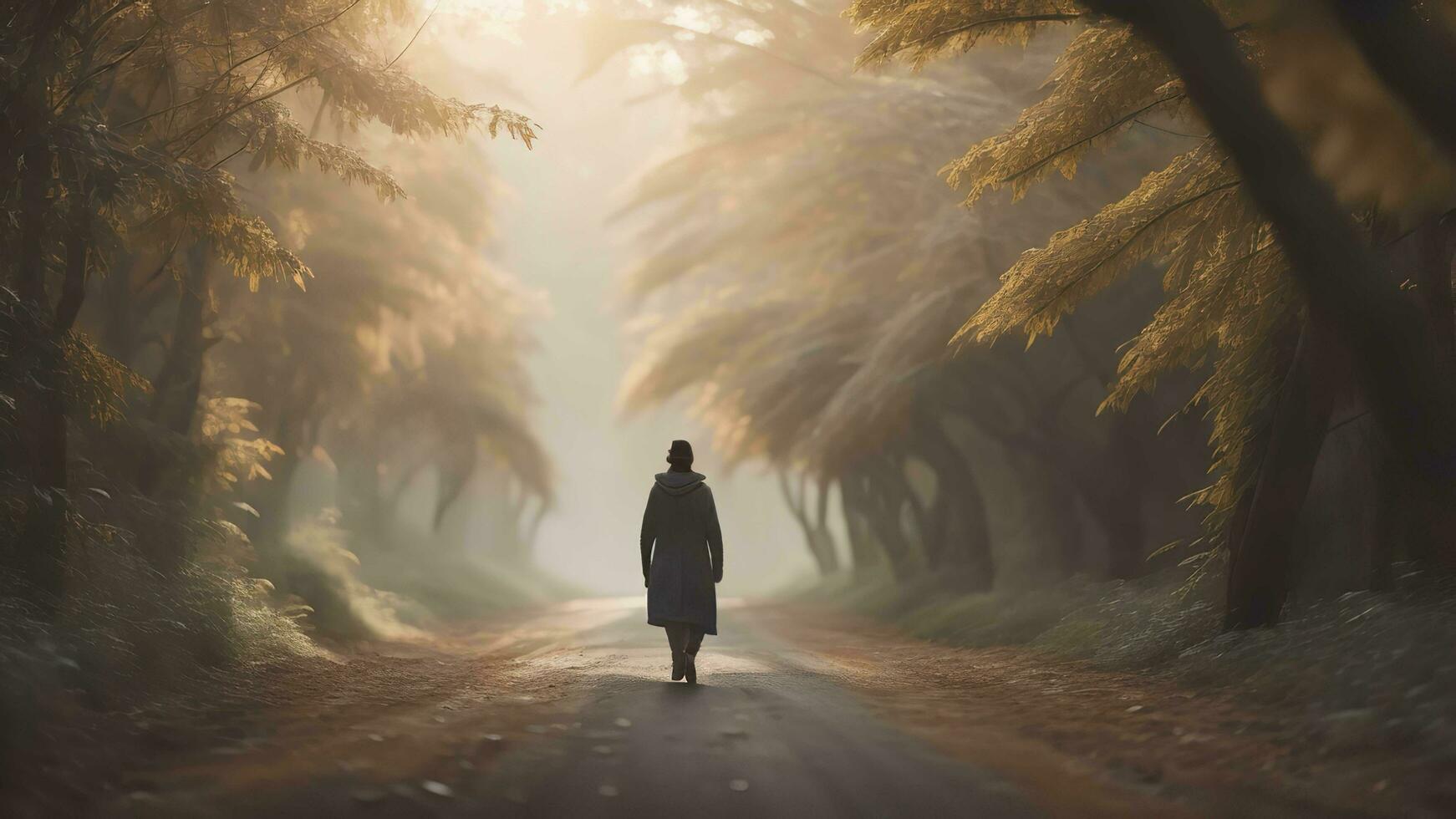 AI generated Woman walking on the road in the forest with fog and sun rays. generative ai photo