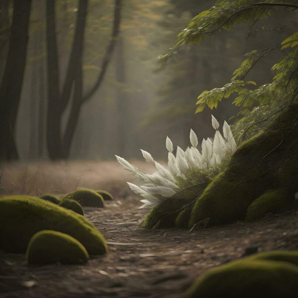 AI generated Fantasy forest with fog and tree trunks in the foreground. generative ai photo
