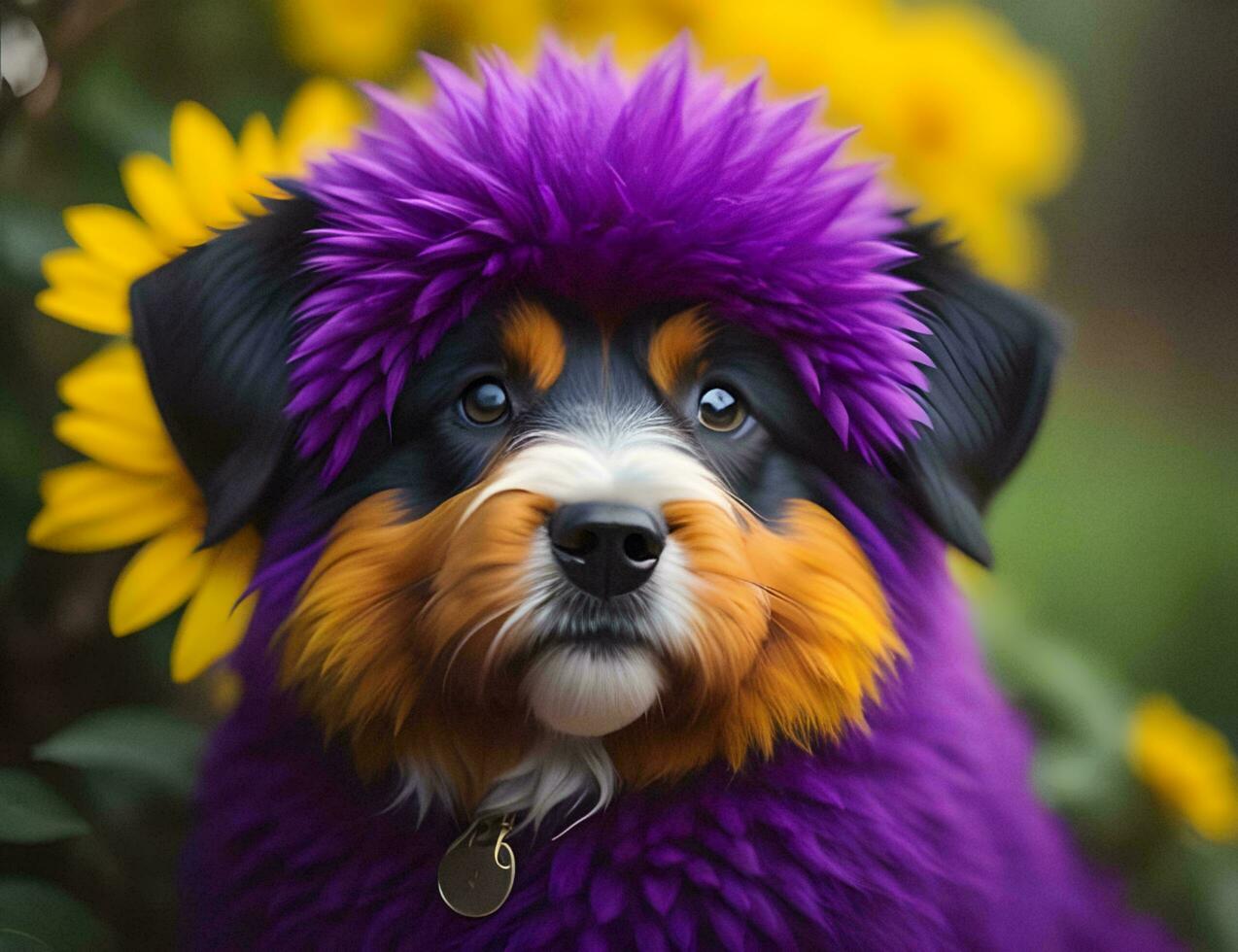 AI generated Portrait of a bernese mountain dog wearing a purple wig. generative ai photo