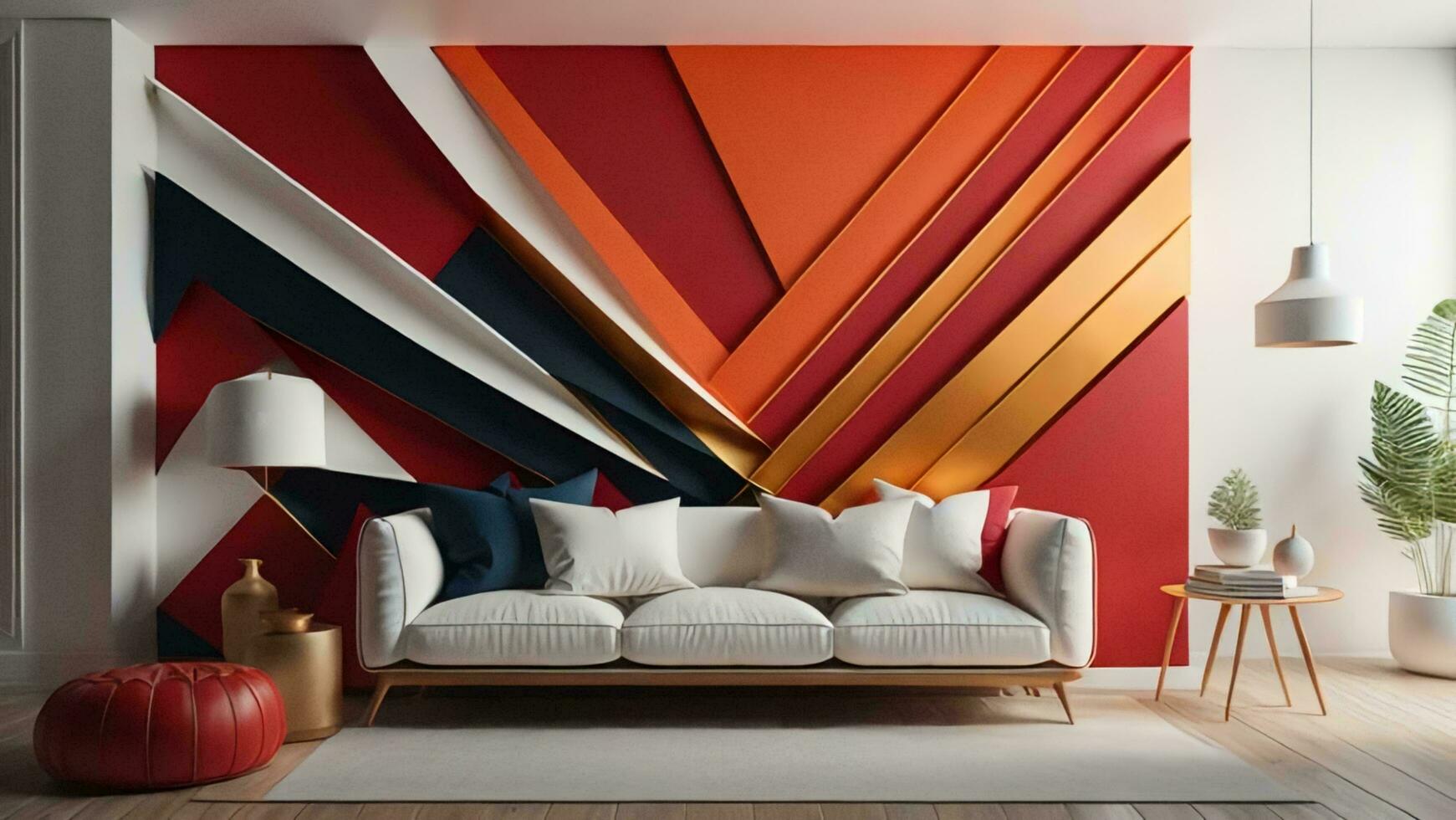 ai generado interior de moderno vivo habitación con rojo y naranja pared y sofá. generativo ai foto