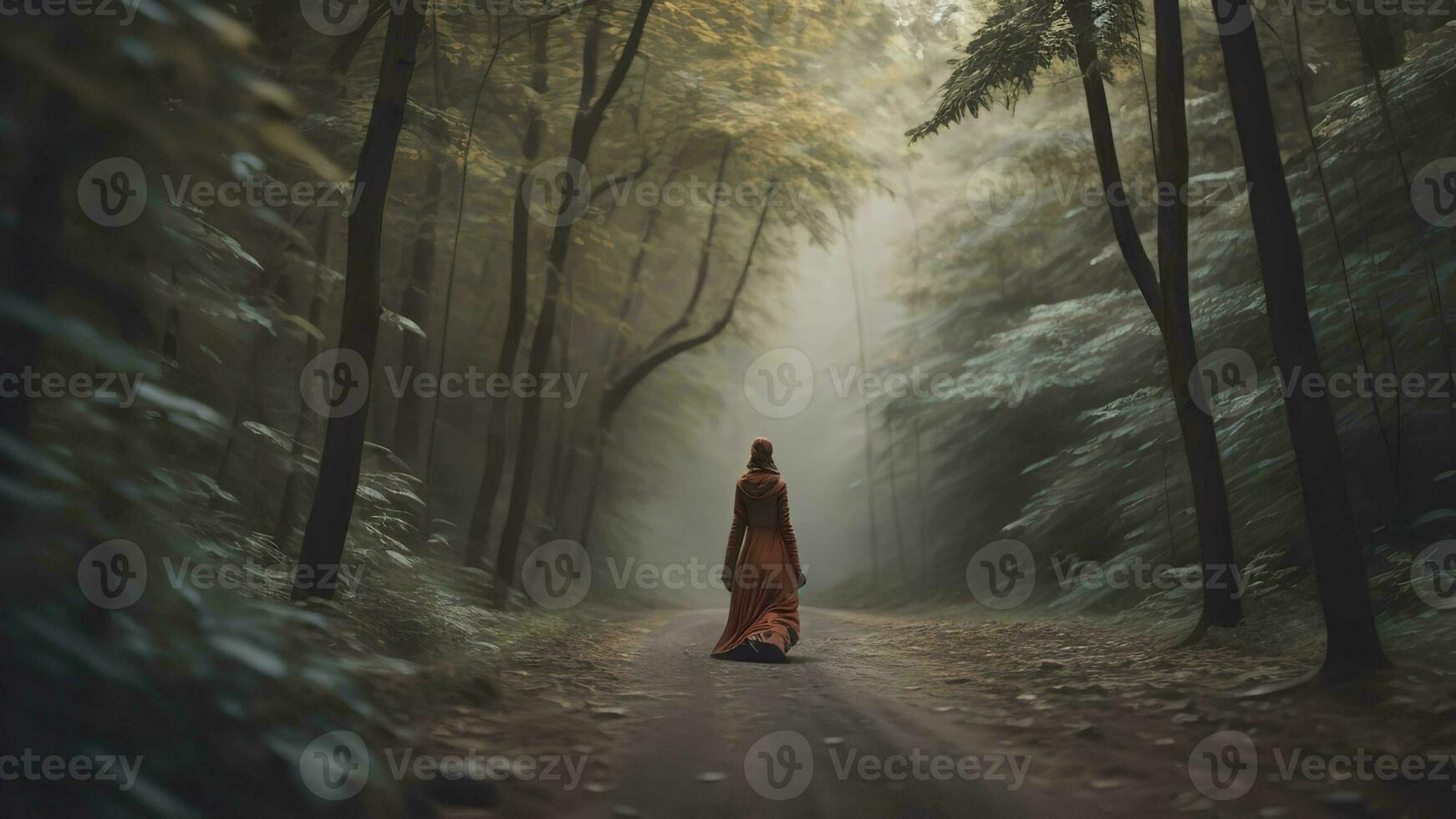 AI generated A monk in a raincoat walks on a path in the forest. generative ai photo