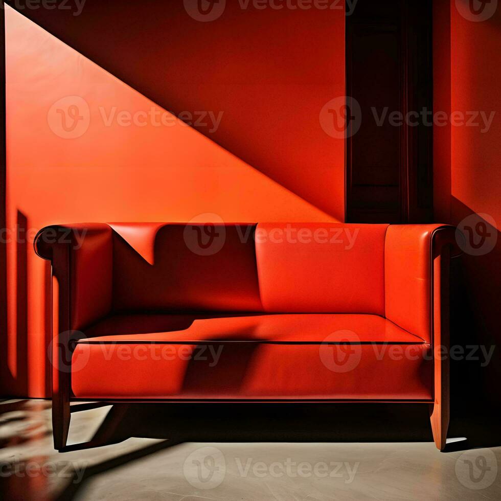 AI generated Red leather sofa in the interior of the room. generative ai photo