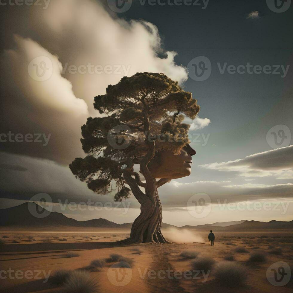 AI generated Conceptual image of human head with pine tree in the middle of the desert. generative ai photo