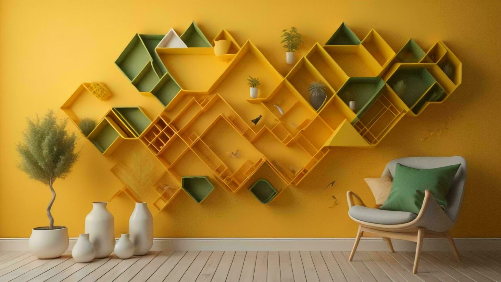 ai generado interior de moderno vivo habitación con amarillo muro, generativo ai foto