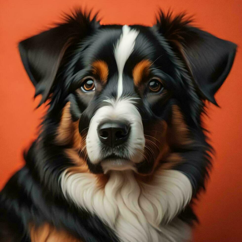 AI generated Portrait of a Bernese mountain dog on a red background. generative ai photo