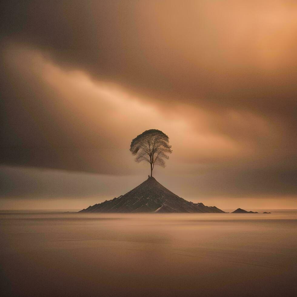 AI generated Tree on a mountain in the sea at sunset. Nature composition. generative ai photo