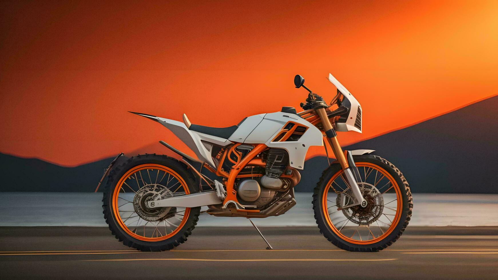 ai generado un motocicleta en el la carretera a puesta de sol tiempo. generativo ai foto