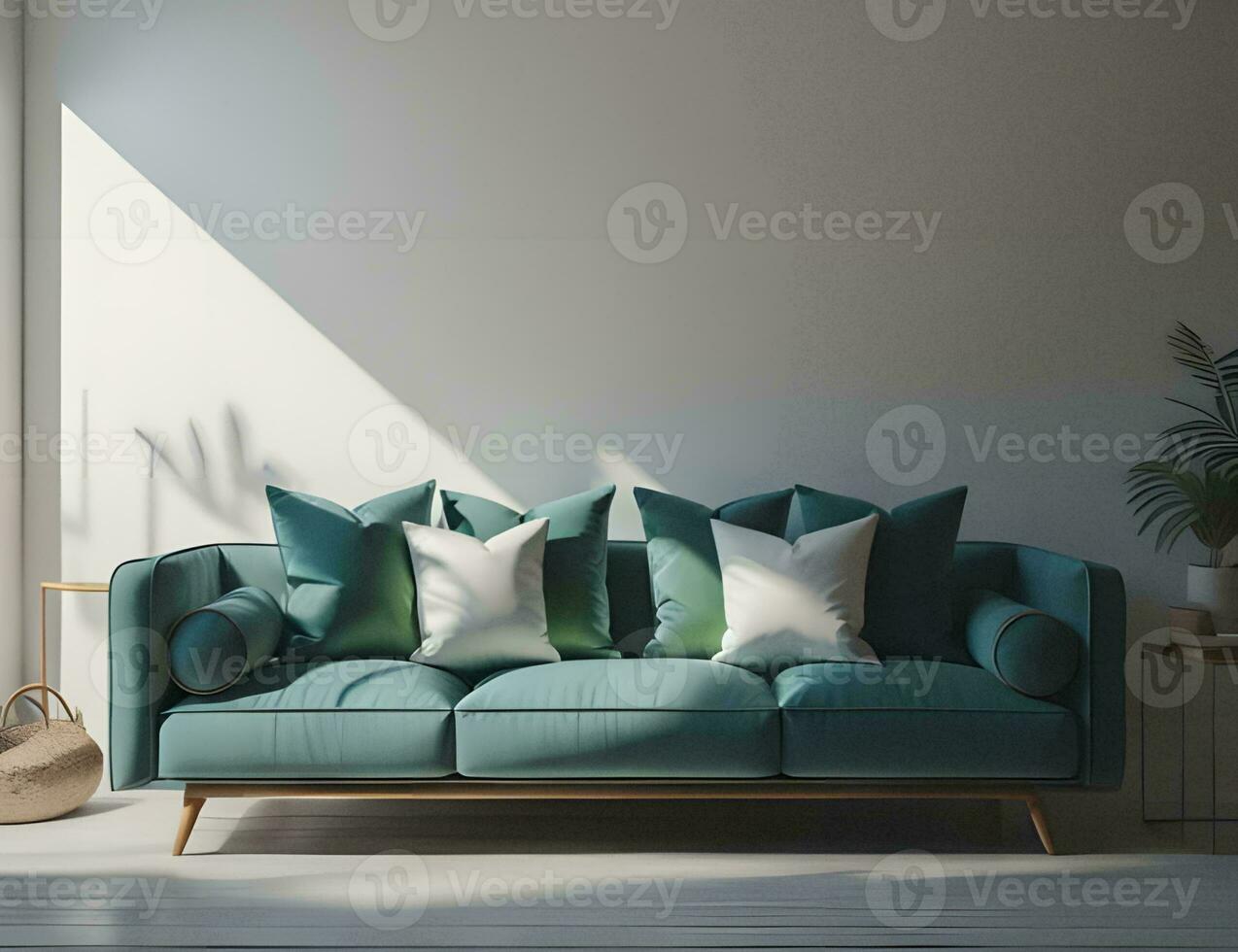 AI generated interior with a blue sofa, generative ai photo