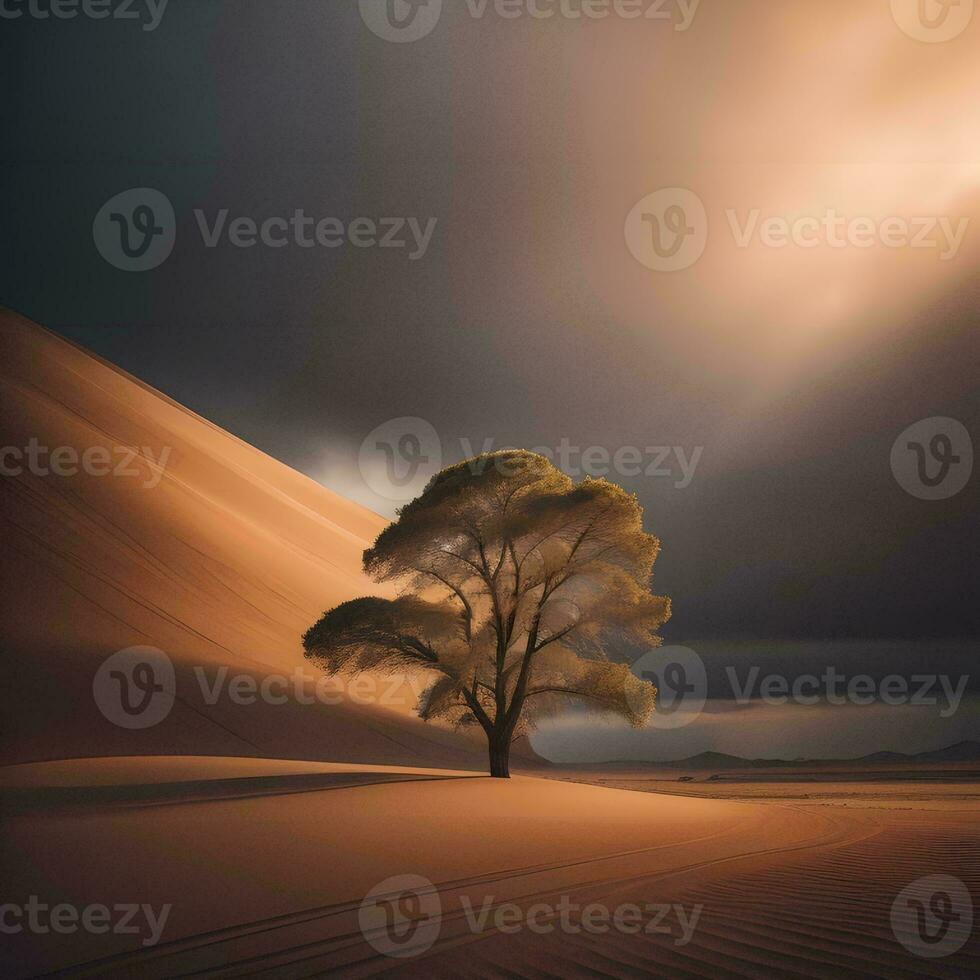 AI generated Lonely tree on the sand dune in the desert. generative ai photo