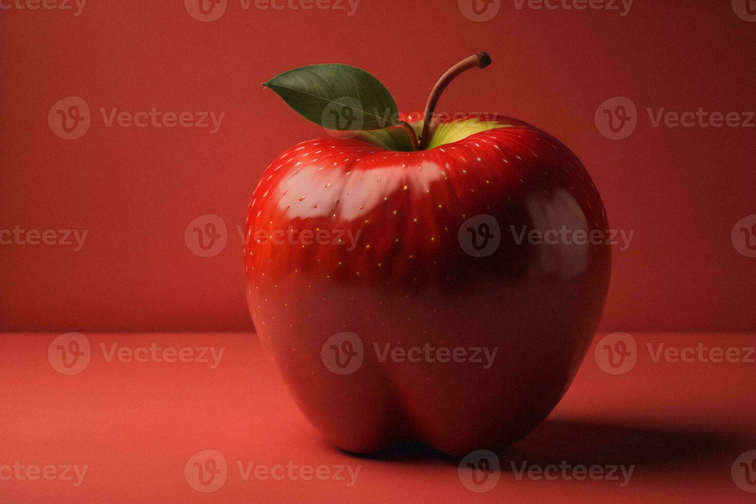 AI generated Red apple with green leaf on red background. generative ai photo