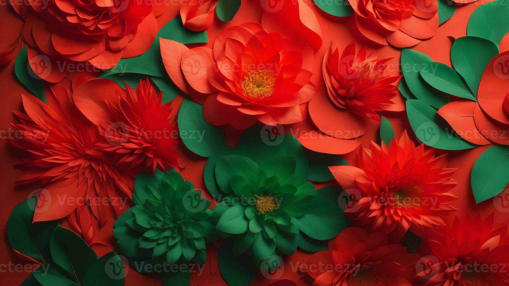 AI generated Red and green paper flowers background with copy space. generative ai photo