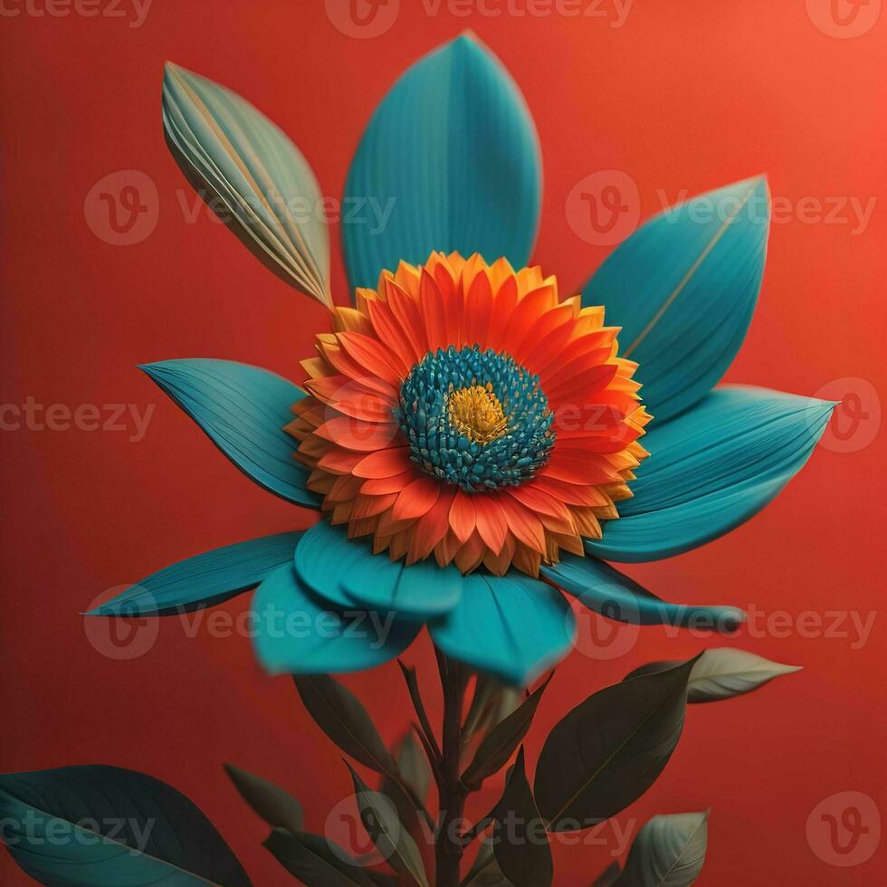 AI generated Orange and blue gerbera flower on red background. generative ai photo