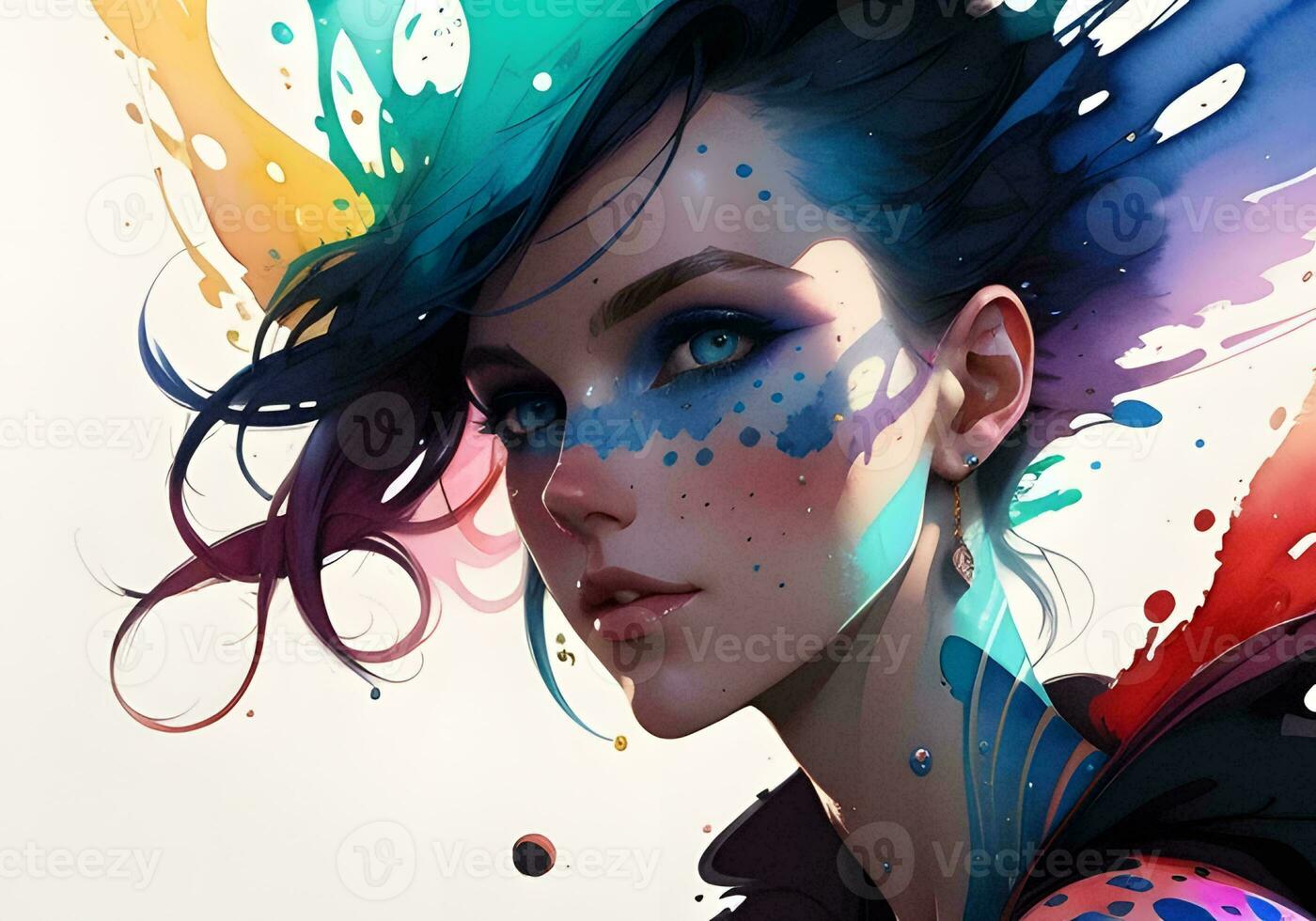 ai generado hermosa niña con vistoso pintar salpicaduras en su rostro. generativo ai foto