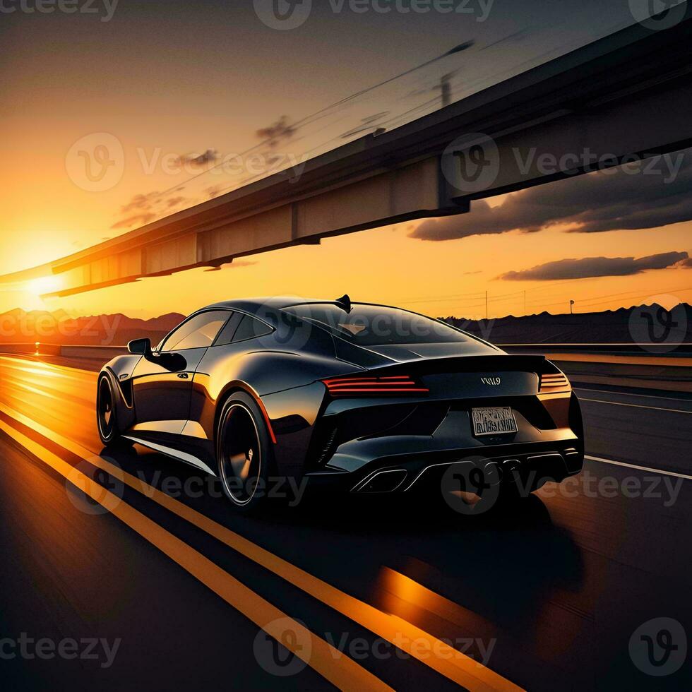 AI generated Sports car on the highway at sunset. generative ai photo