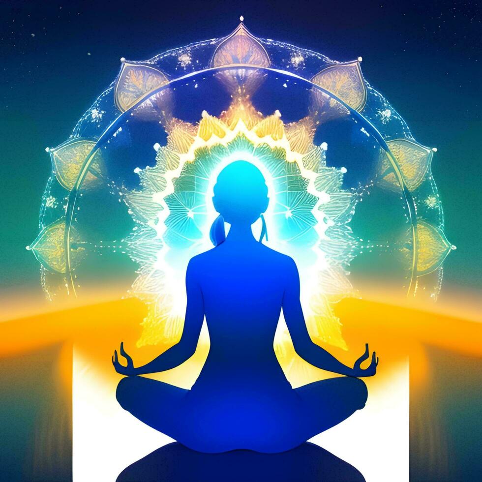 AI generated Vector illustration of beautiful yoga woman in lotus position on colorful background. generative ai photo