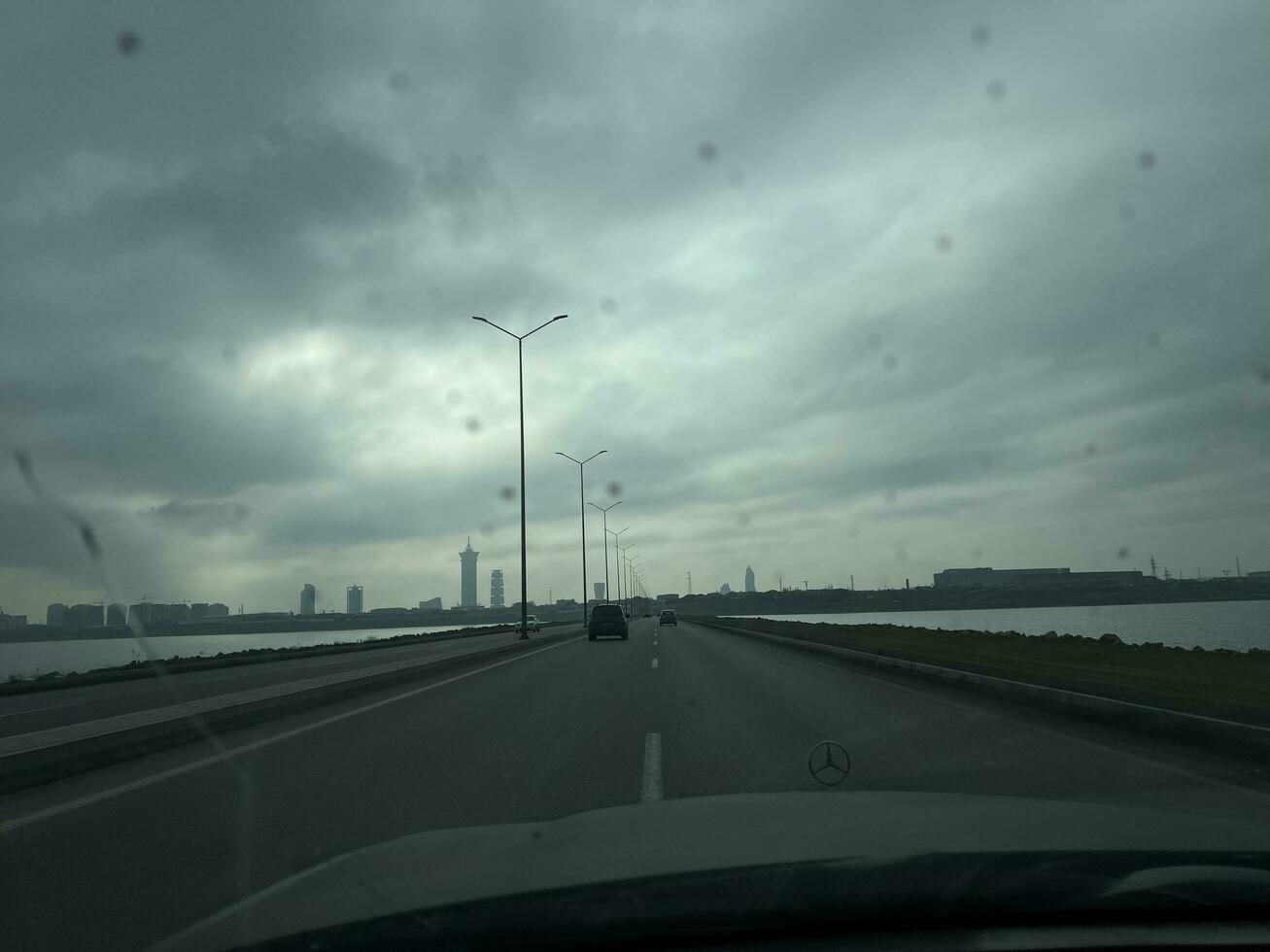 AI generated View from the car on the road to the city. Rainy day photo