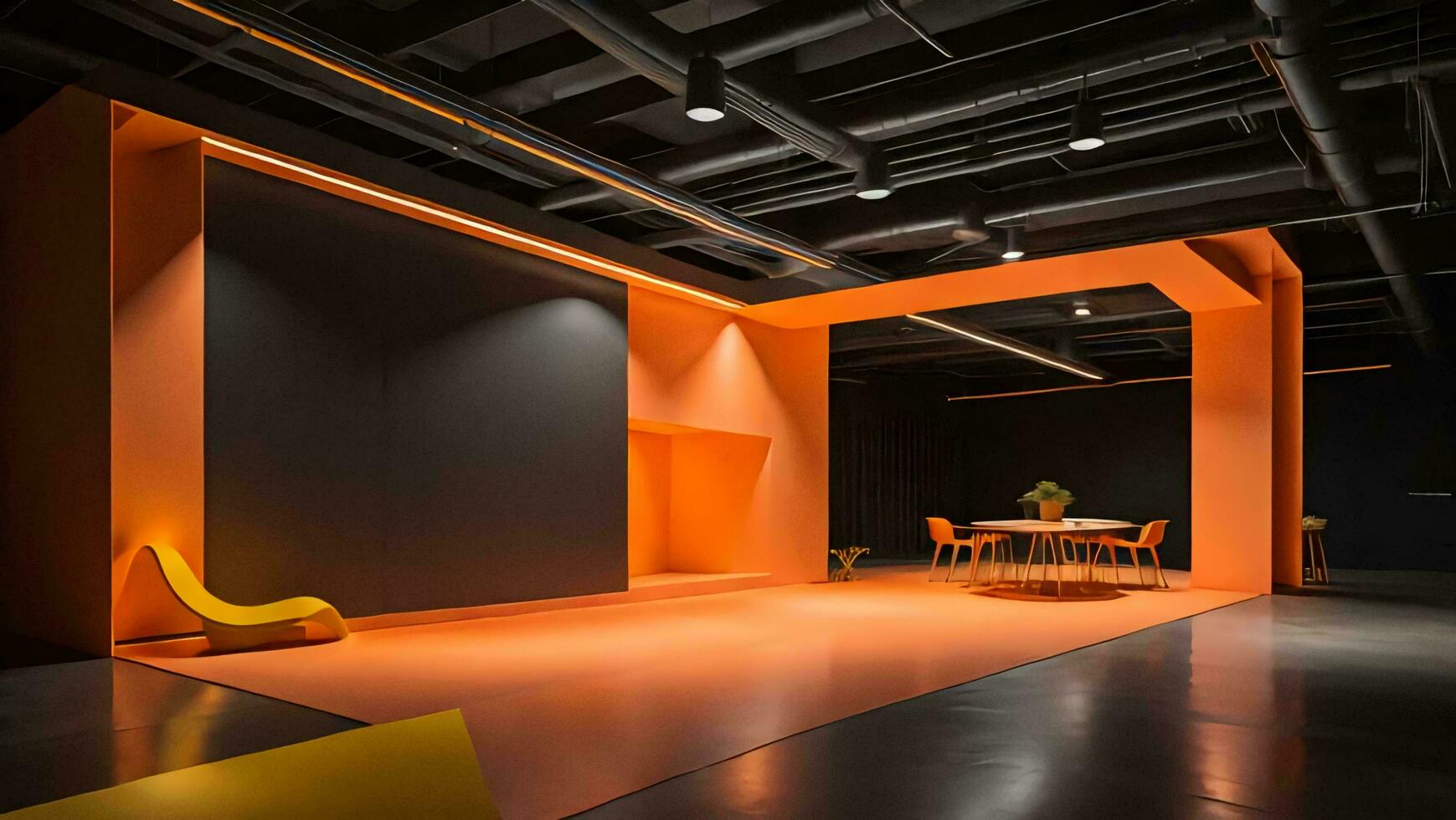 ai generado interior de moderno conferencia habitación con naranja y negro paredes, hormigón piso y naranja sillas. generativo ai foto