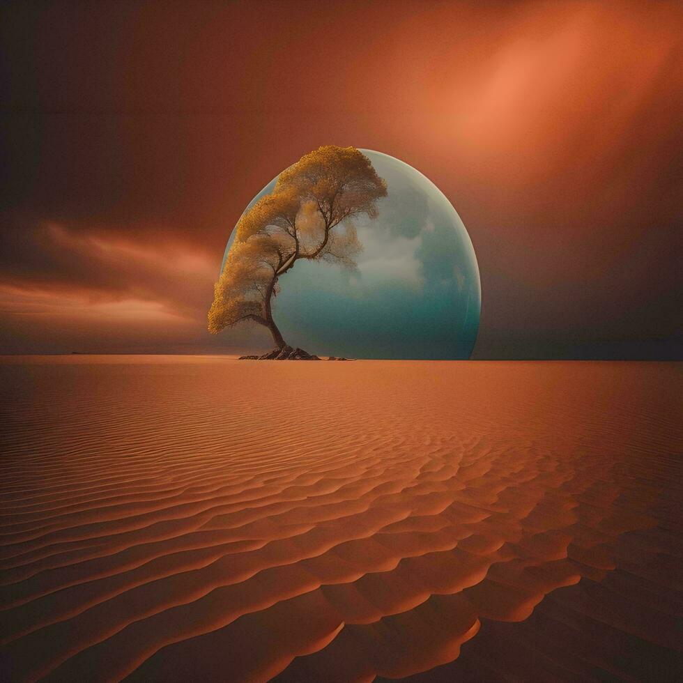 AI generated lonely tree in the desert at sunset, generative ai photo