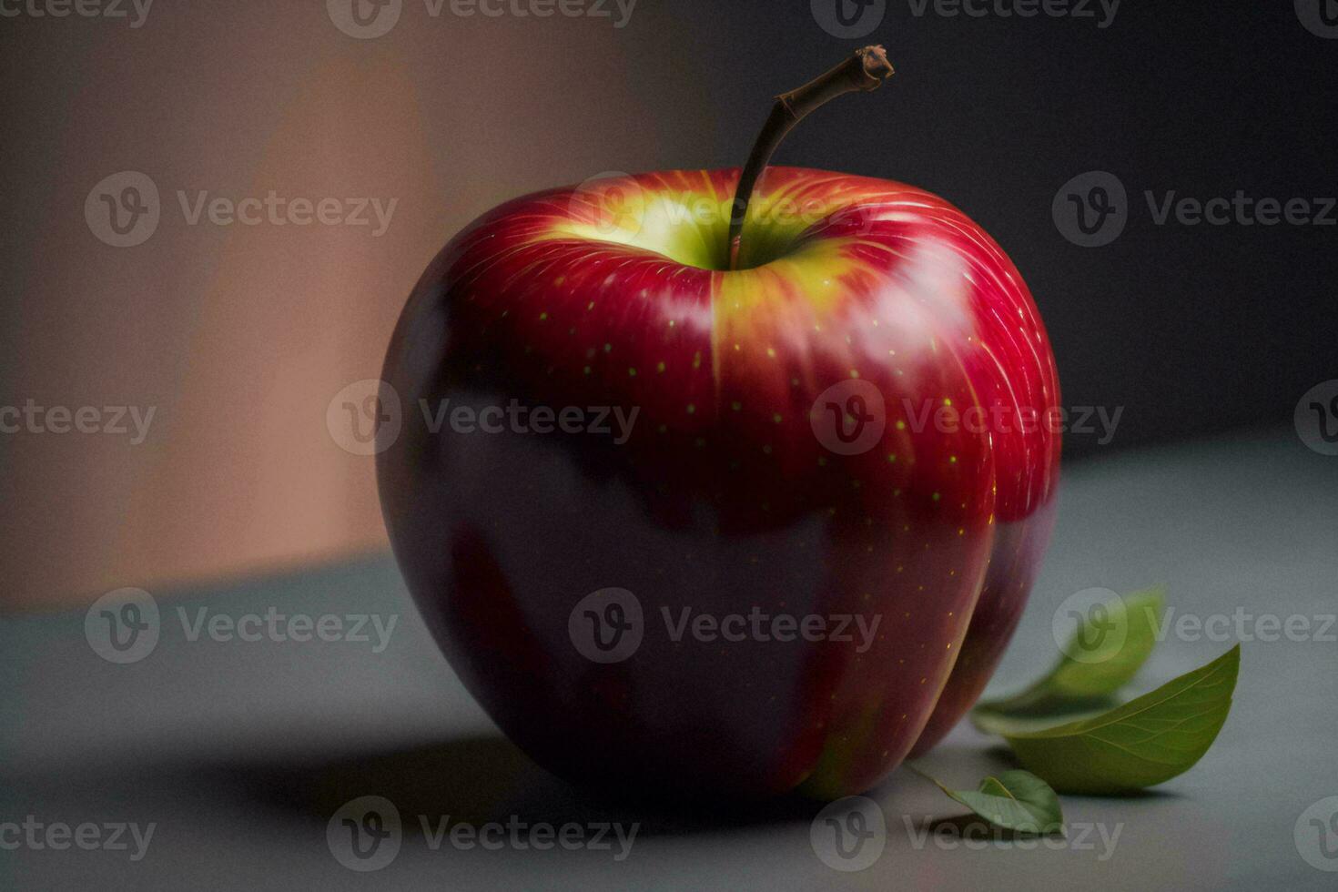 AI generated Red apple on a wooden table, shallow depth of field, vintage style. ai generated photo