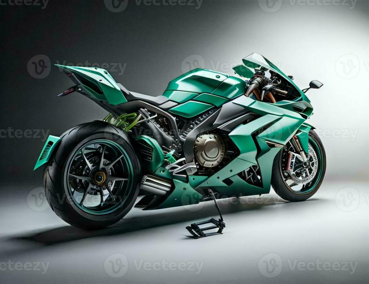 AI generated Turquoise super sport bike on a gray background. generative ai photo