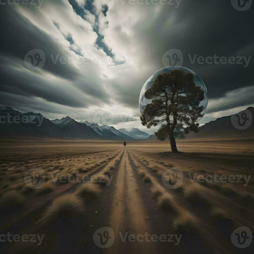 AI generated Fantasy landscape with a lonely tree in the middle of the desert. generative ai photo
