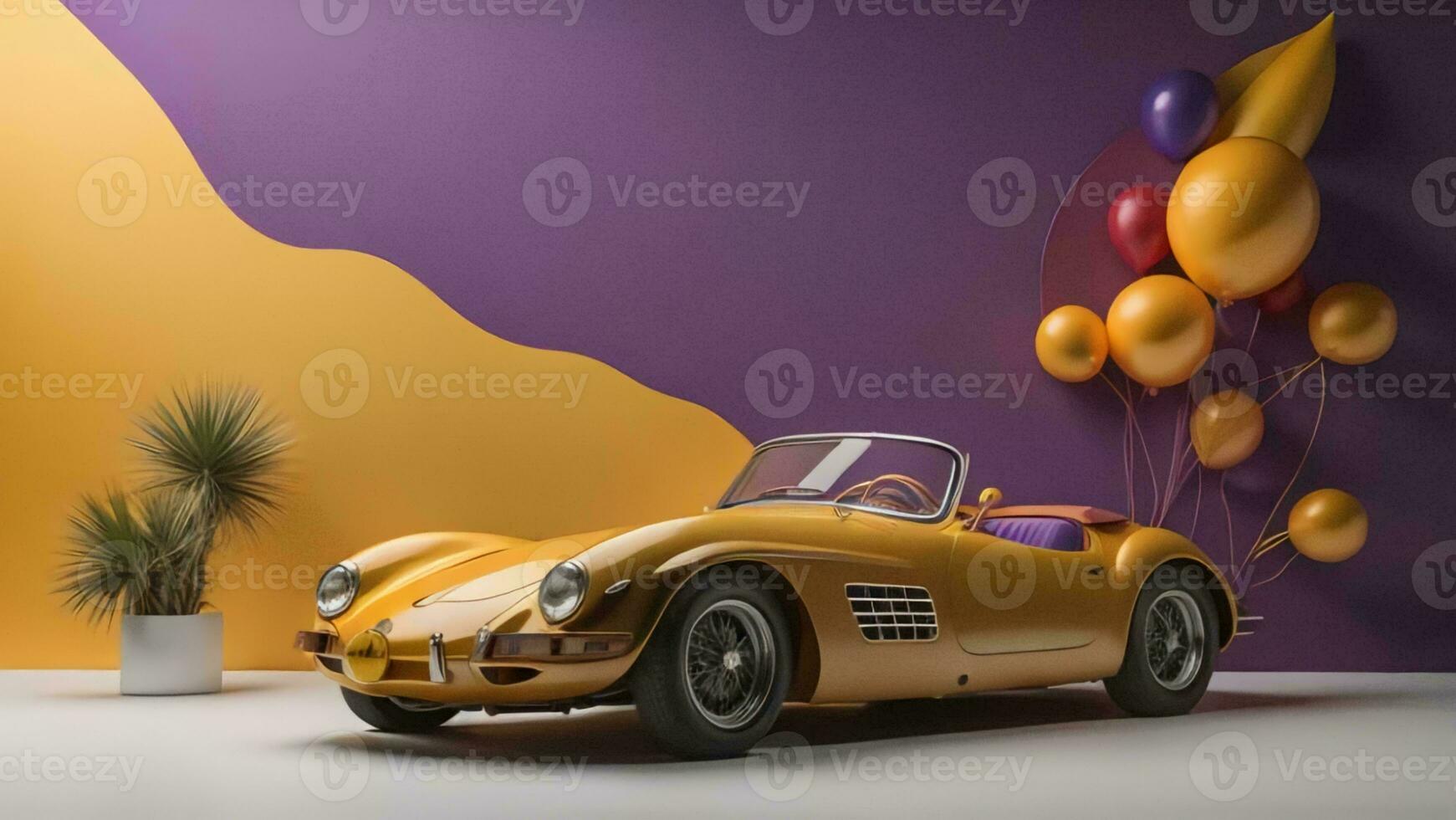 AI generated Yellow vintage car with balloons on the purple wall. generative ai photo