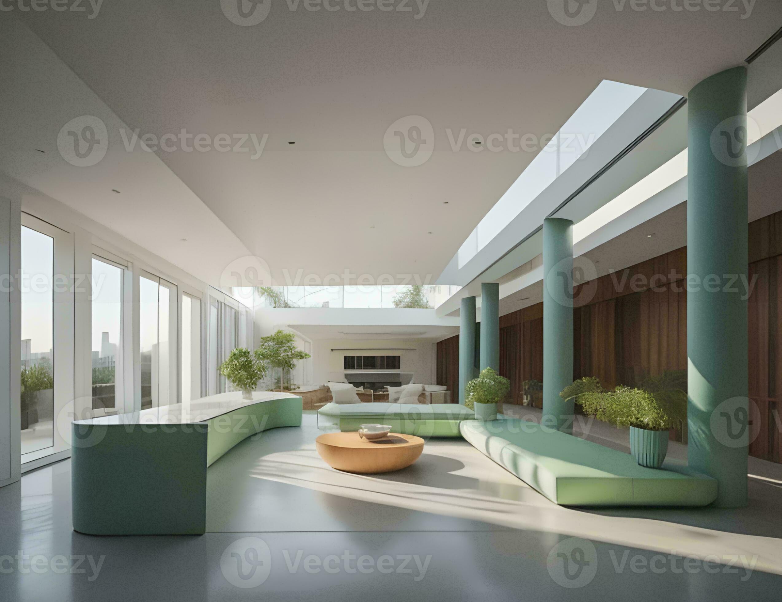 moderno vivo habitación interior con verde sofá en contra musgo fotografía.  biofílico diseño. generativo ai ilustración 23776624 Foto de stock en  Vecteezy