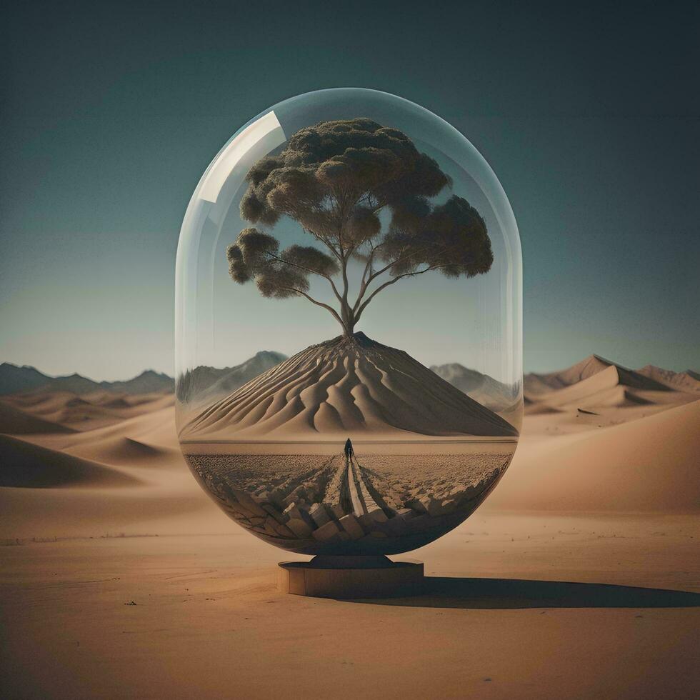 AI generated a tree inside a glass ball in the desert. generative ai photo