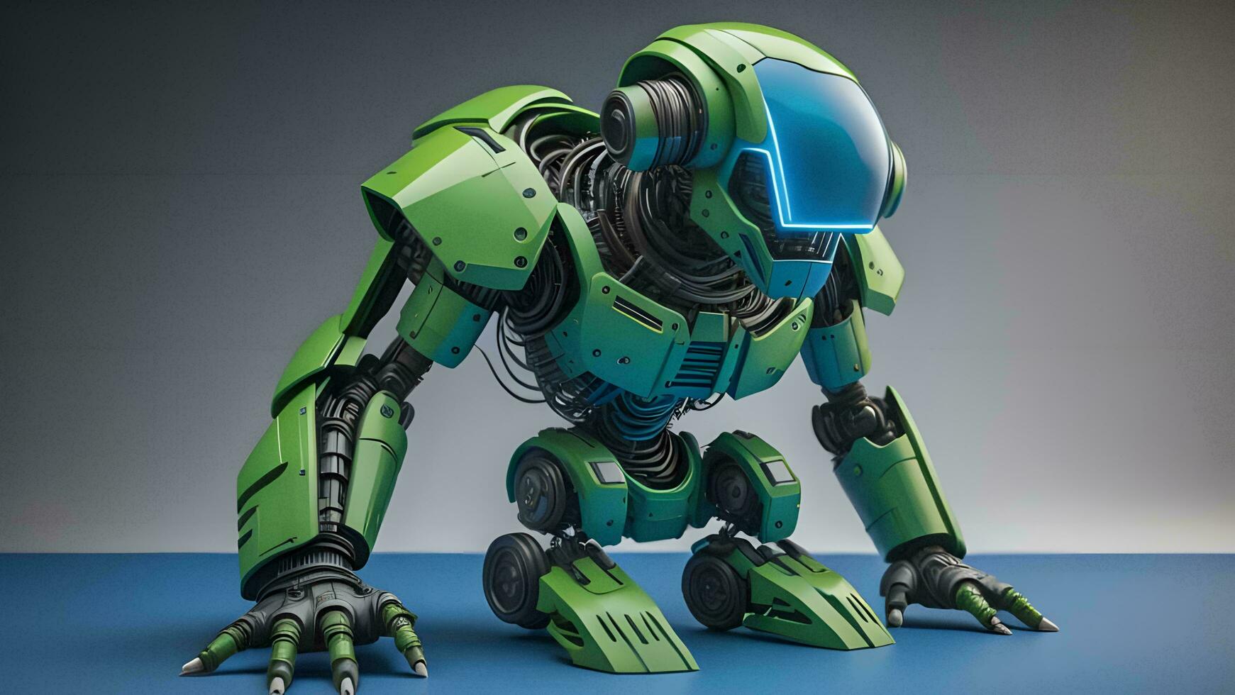 AI generated Green robot on blue background. generative ai. photo