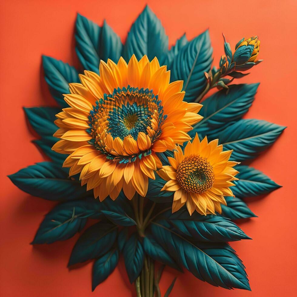 ai generado girasol ramo de flores en naranja antecedentes. plano poner, parte superior vista. generativo ai foto