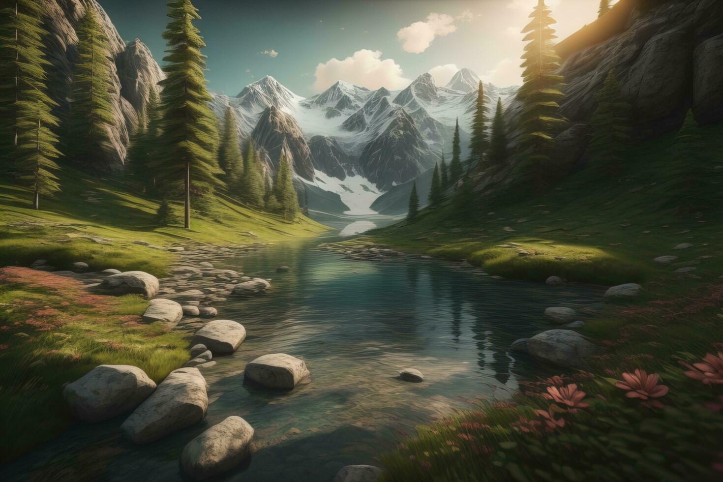 AI generated Beautiful fantasy landscape with a river in the mountains. ai generative photo