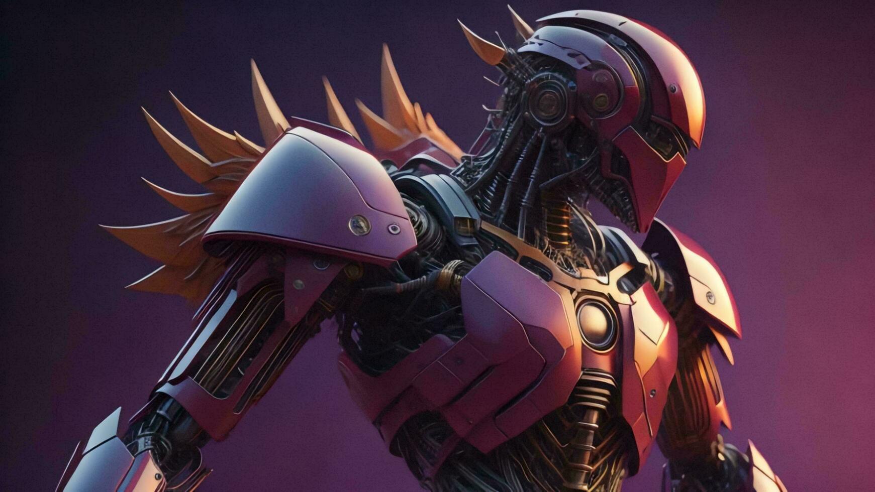 AI generated cyber man in red robot costume on purple background. generative ai photo