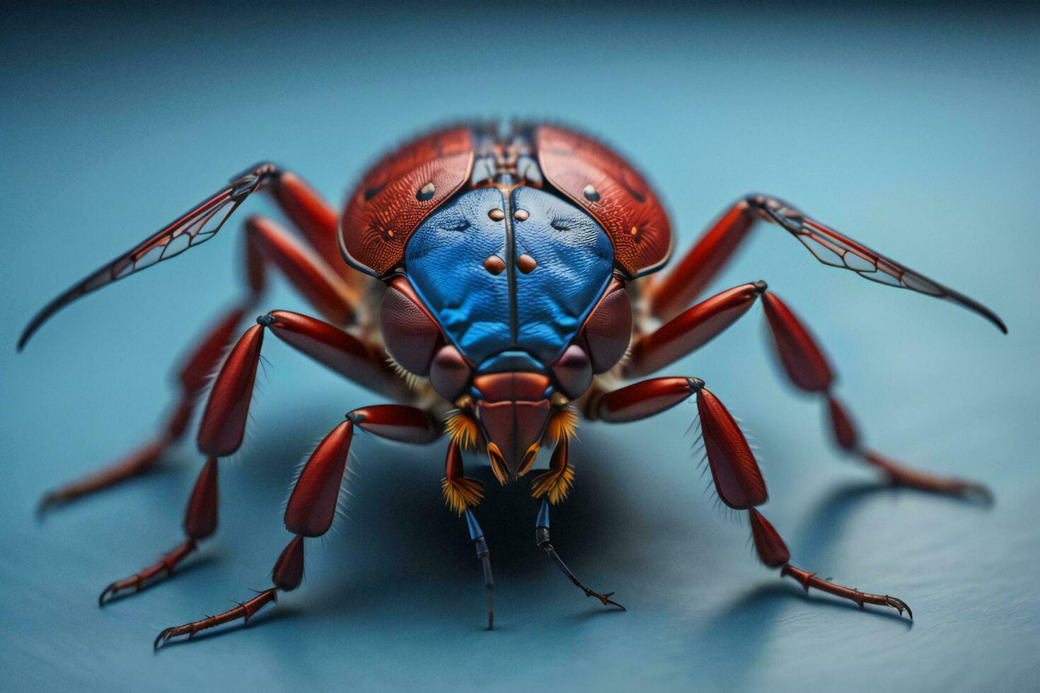 AI generated Macro shot of a red beetle on a blue background. generative ai photo