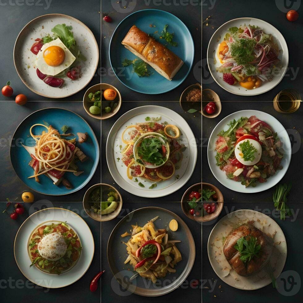 ai generado collage de diferente comida imágenes en un oscuro antecedentes. parte superior vista. generativo ai foto