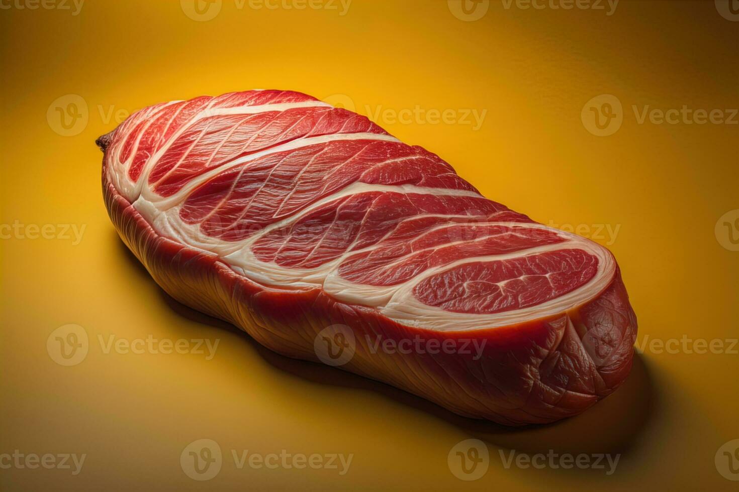 AI generated Raw beef steak on a yellow background. Shallow depth of field. generative ai photo