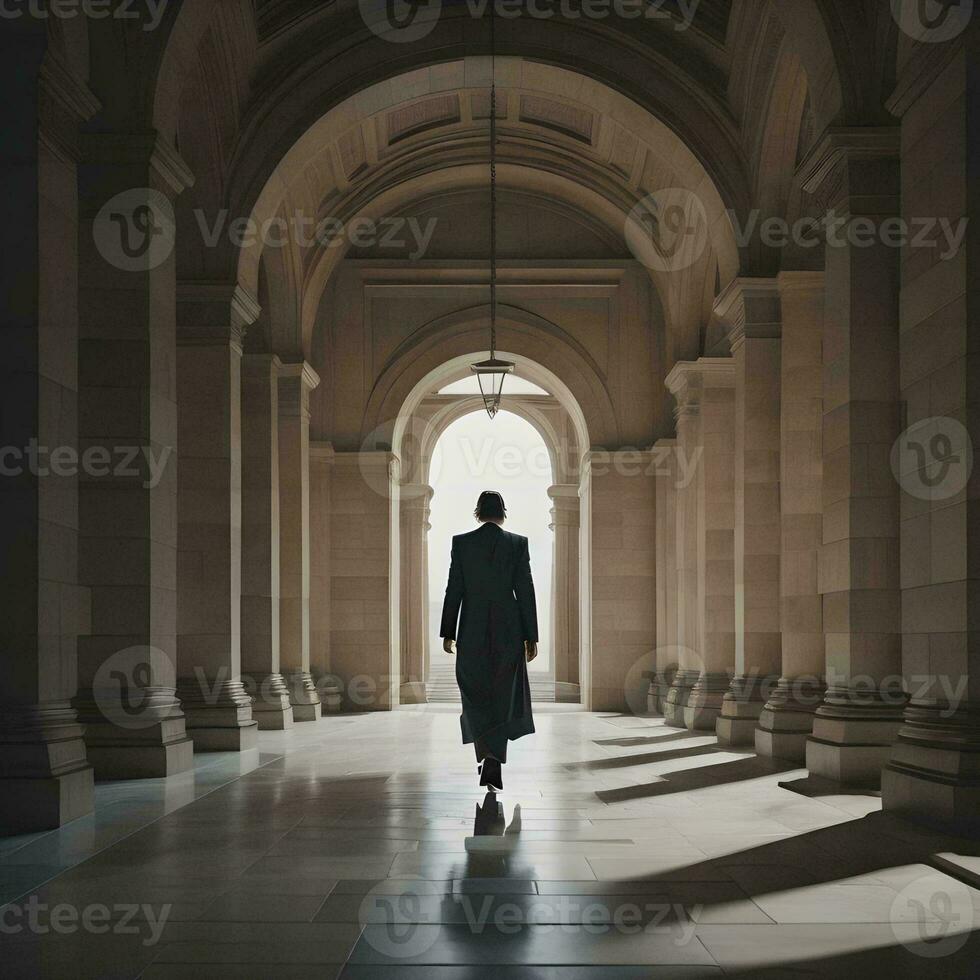 AI generated Silhouette of a businesswoman walking in the interior of the building. generative ai photo