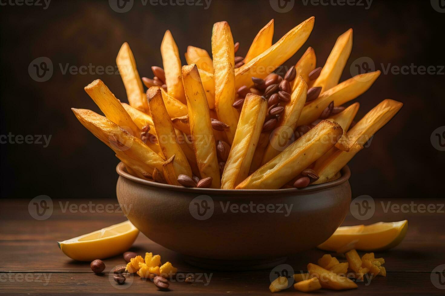 AI generated French fries in bowl on brown wooden background. Selective focus. generative ai photo