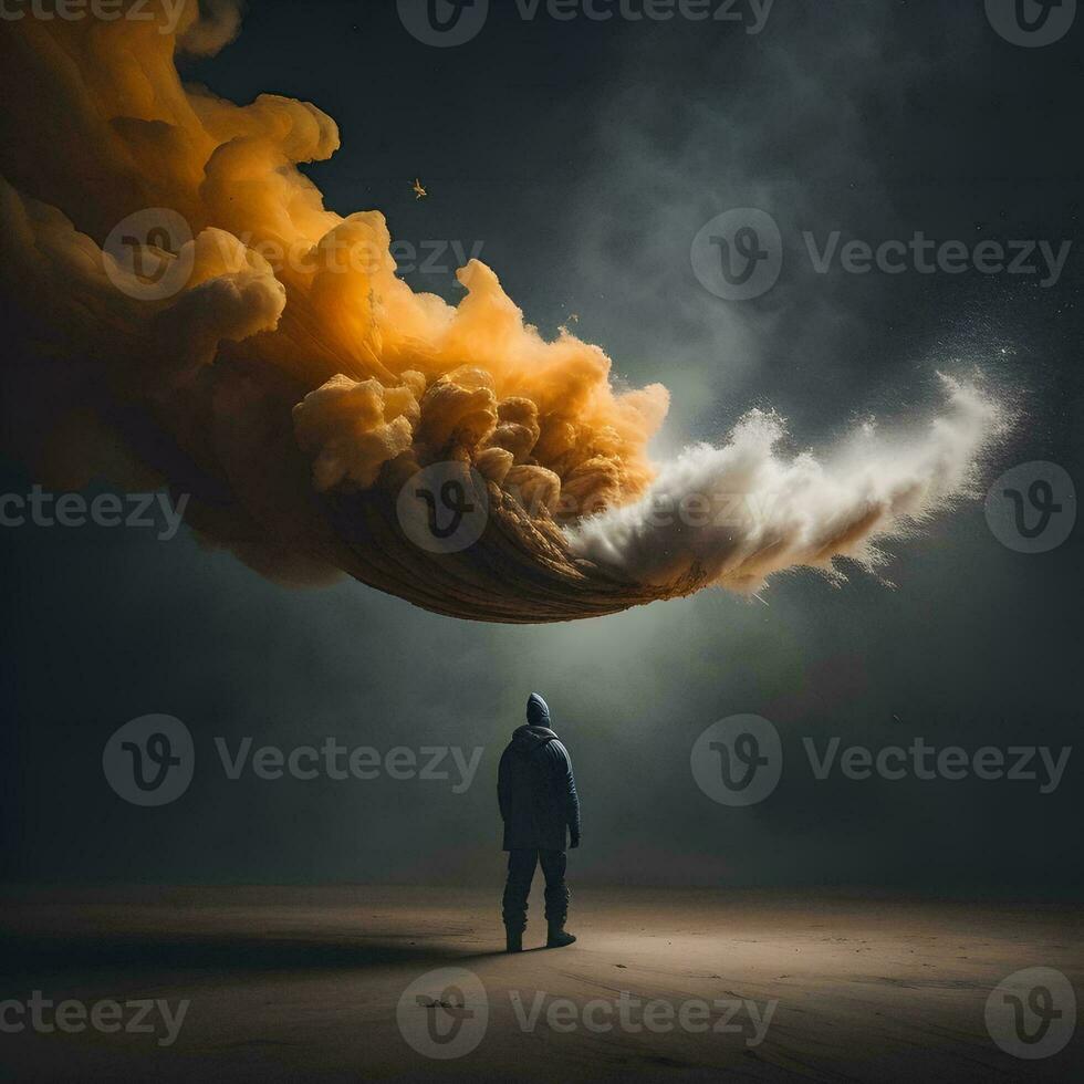AI generated Man in raincoat standing with big cloud on his head. Halloween concept. generative ai photo