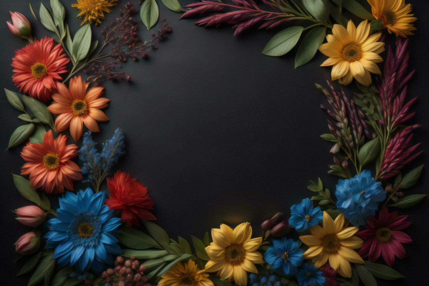 AI generated Flowers composition. Frame made of flowers on black background. Flat lay, top view, copy space. generative ai photo