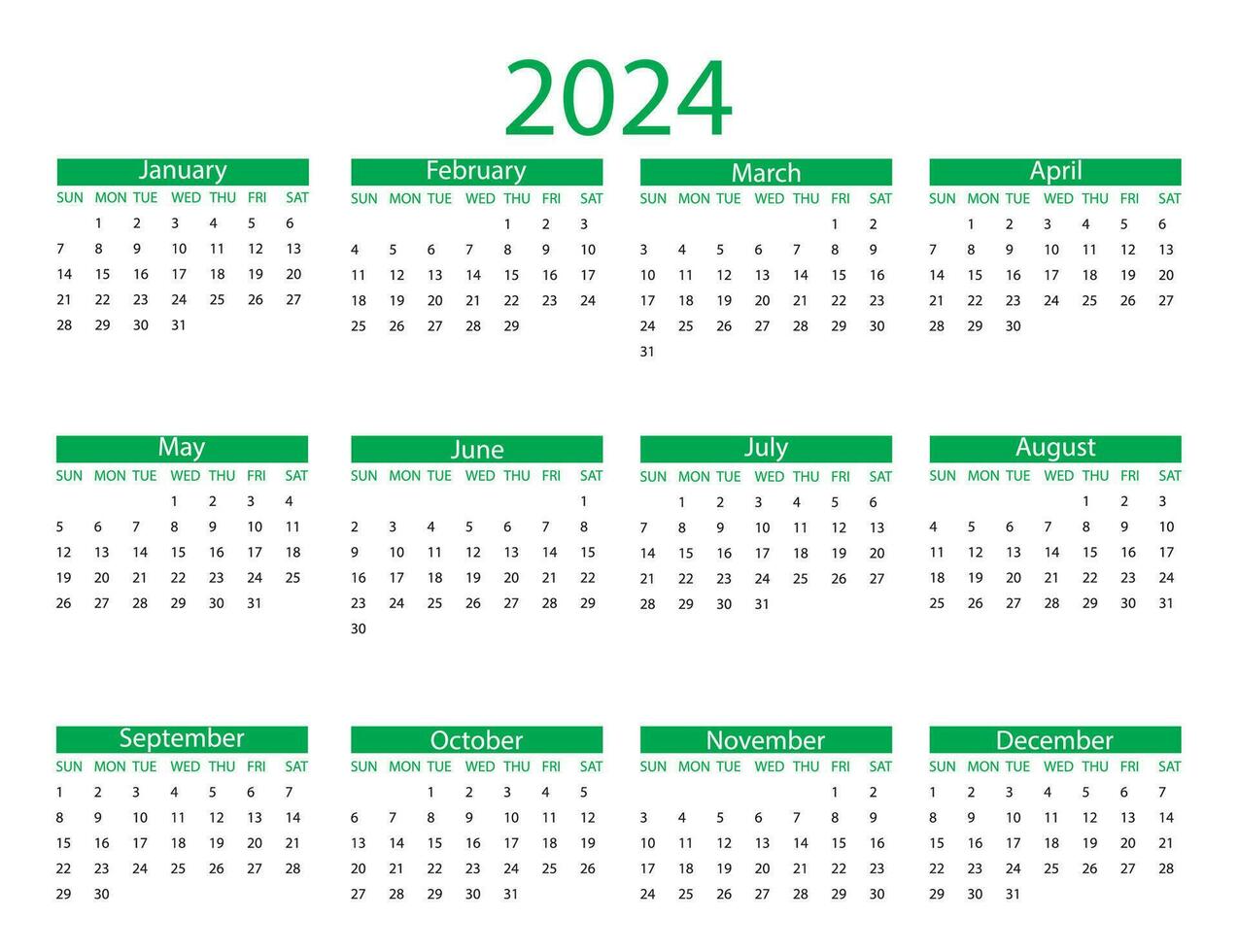 Calendar 2024 year. Vector illustration. The week starts on Sunday.
