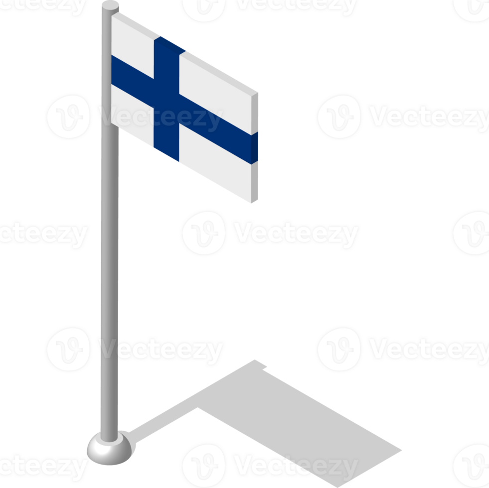 Isometric flag of FINLAND in static position on flagpole. National banner of country in static, even position. PNG image on transparent background